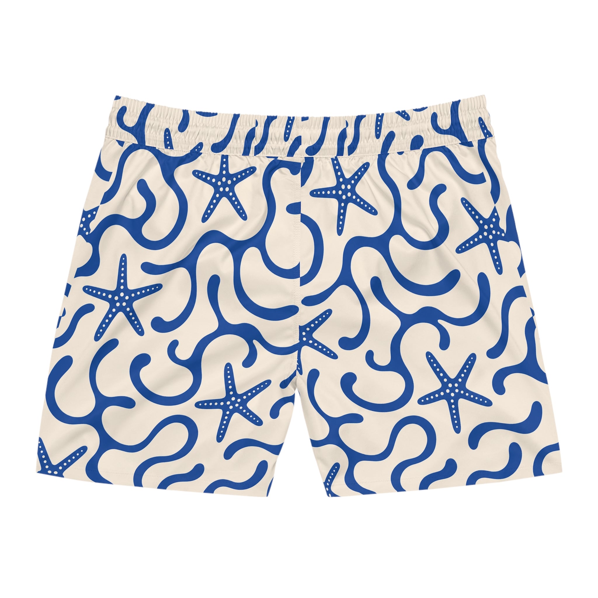 Beige shorts with blue wave and starfish pattern on a white background