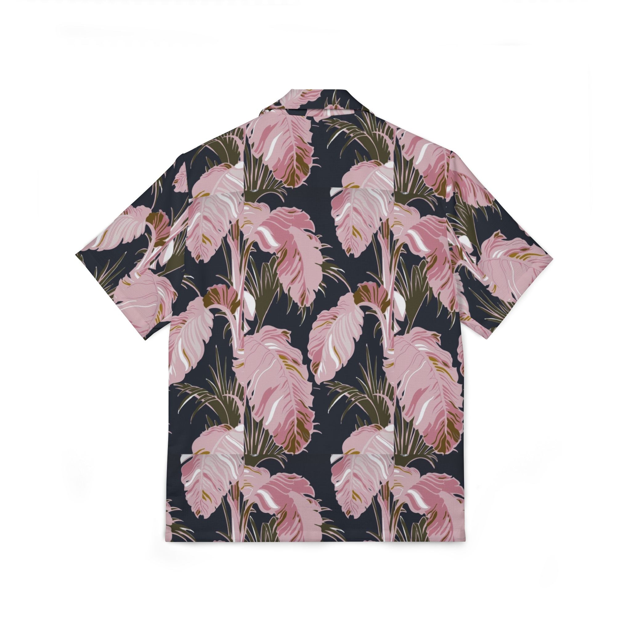 Short-sleeve shirt with pink floral pattern on a white background