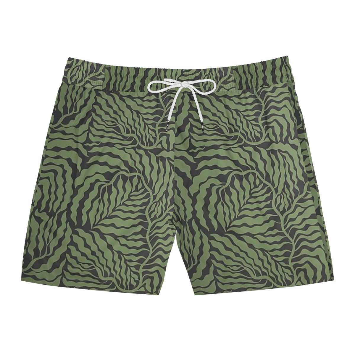 Green patterned shorts with a drawstring on a white background