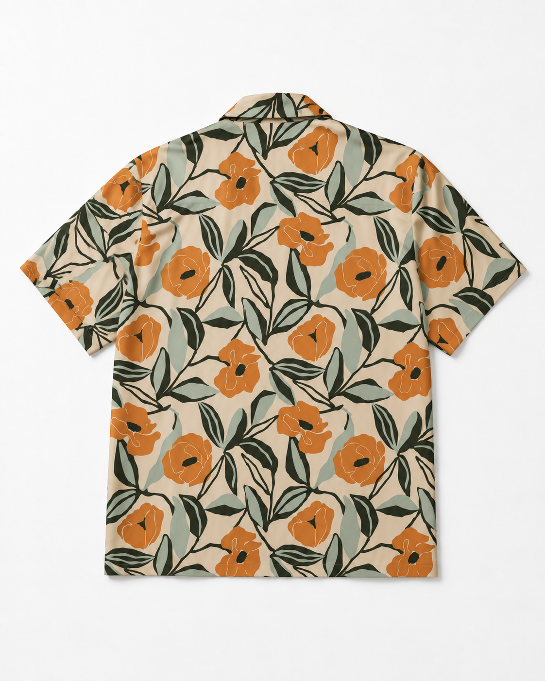Short-sleeve shirt with orange floral pattern on a beige background