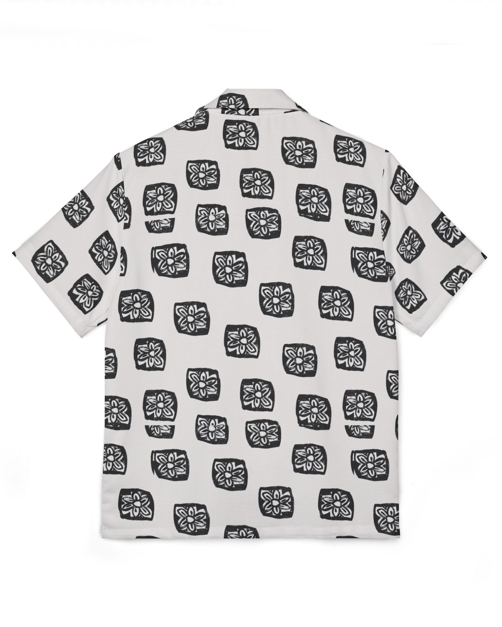 White shirt with black geometric pattern on a white background