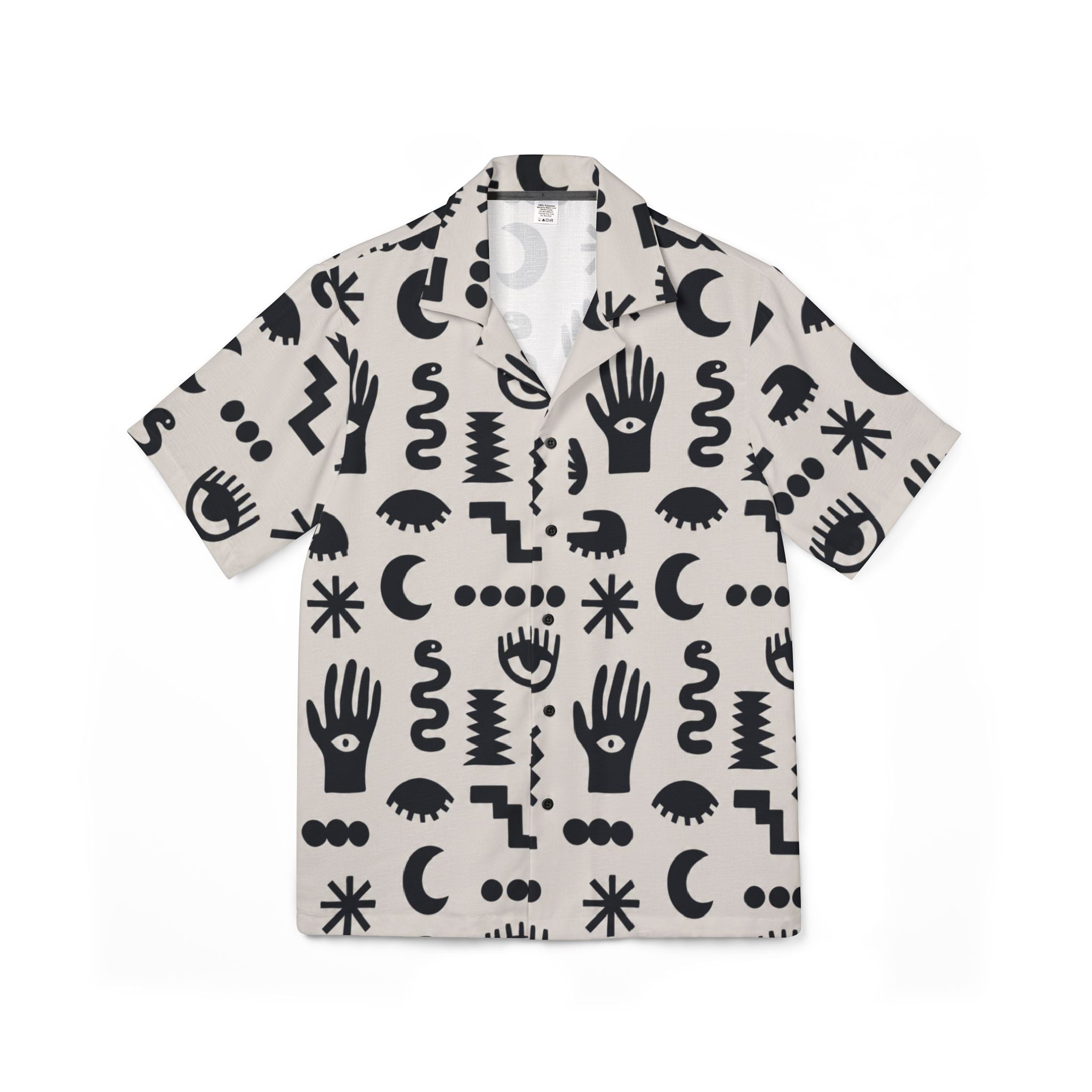 Short-sleeve shirt with black abstract patterns on a beige background