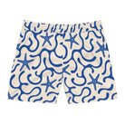 Beige shorts with blue wave and starfish pattern on a white background
