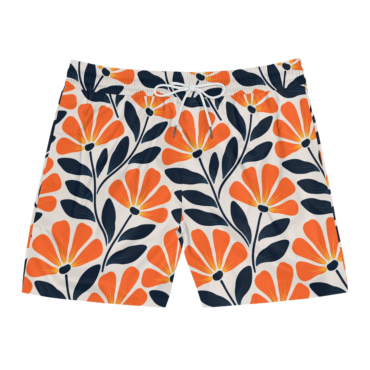 Floral patterned shorts with orange and navy design on a white background