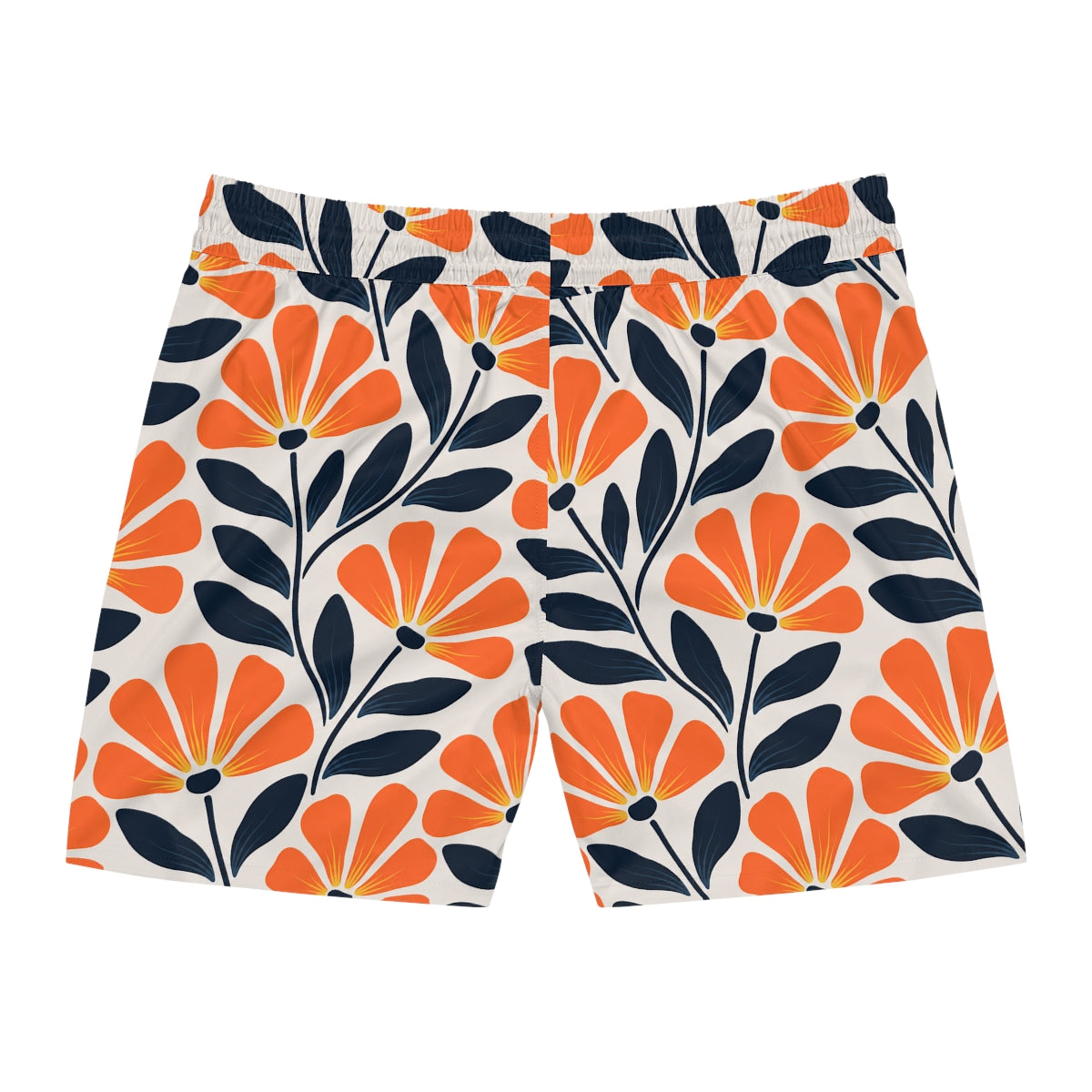 Floral patterned shorts with orange and navy design on a white background