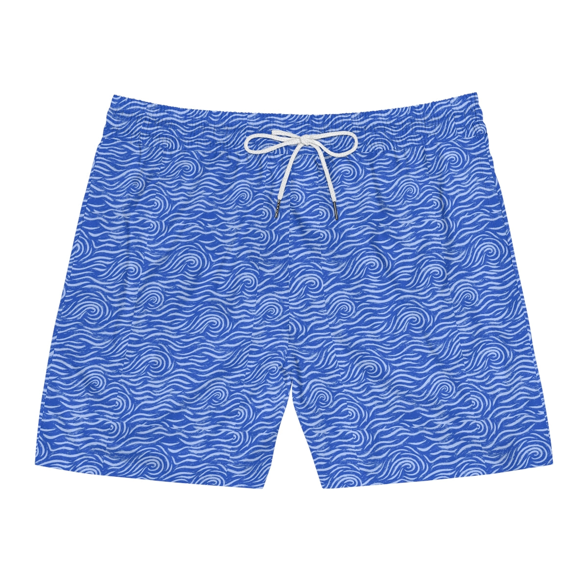 Blue swim shorts with wave pattern on a white background