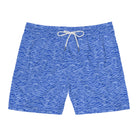 Blue swim shorts with wave pattern on a white background