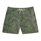 Green patterned shorts with a drawstring on a white background