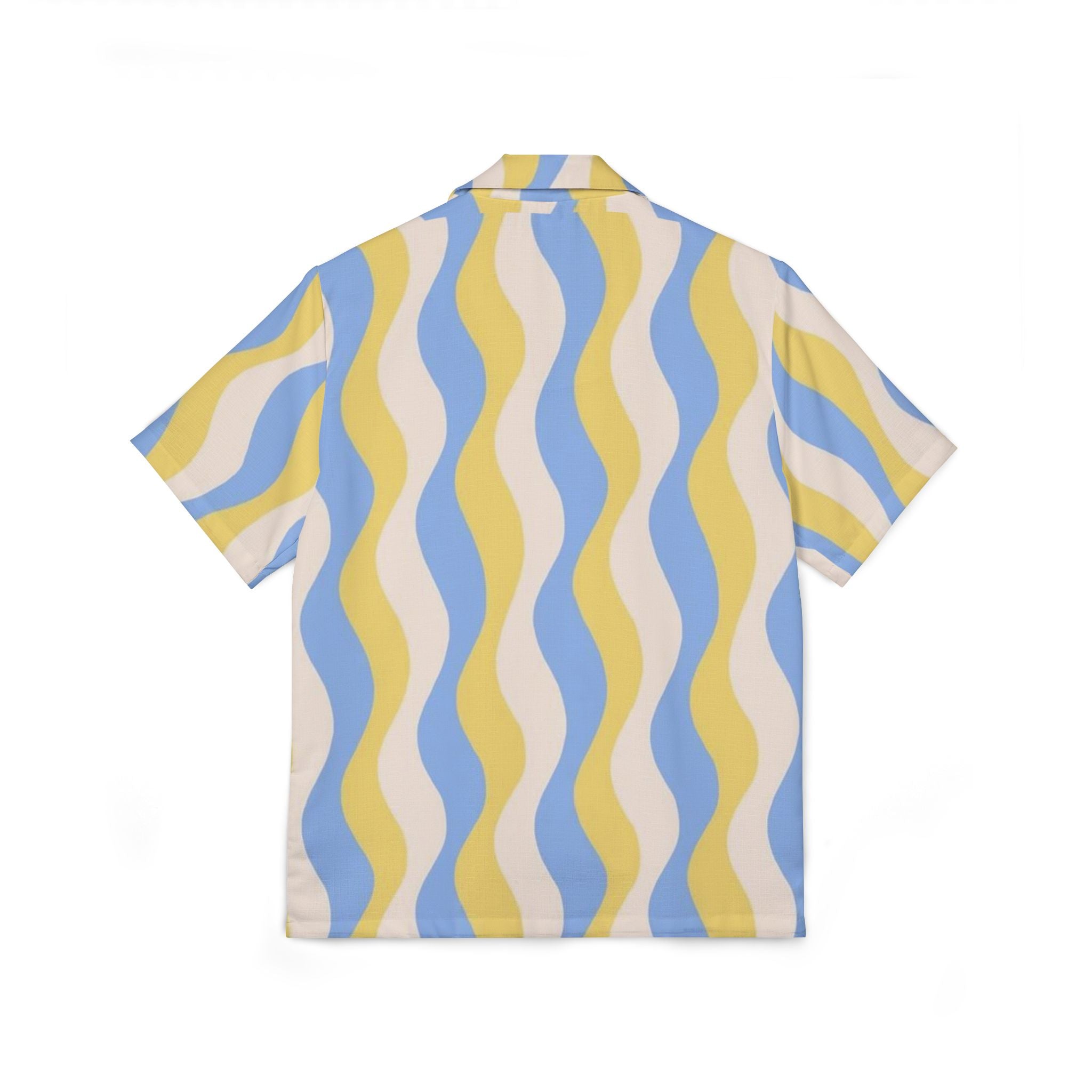 Short-sleeve shirt with wavy blue and yellow pattern on a white background