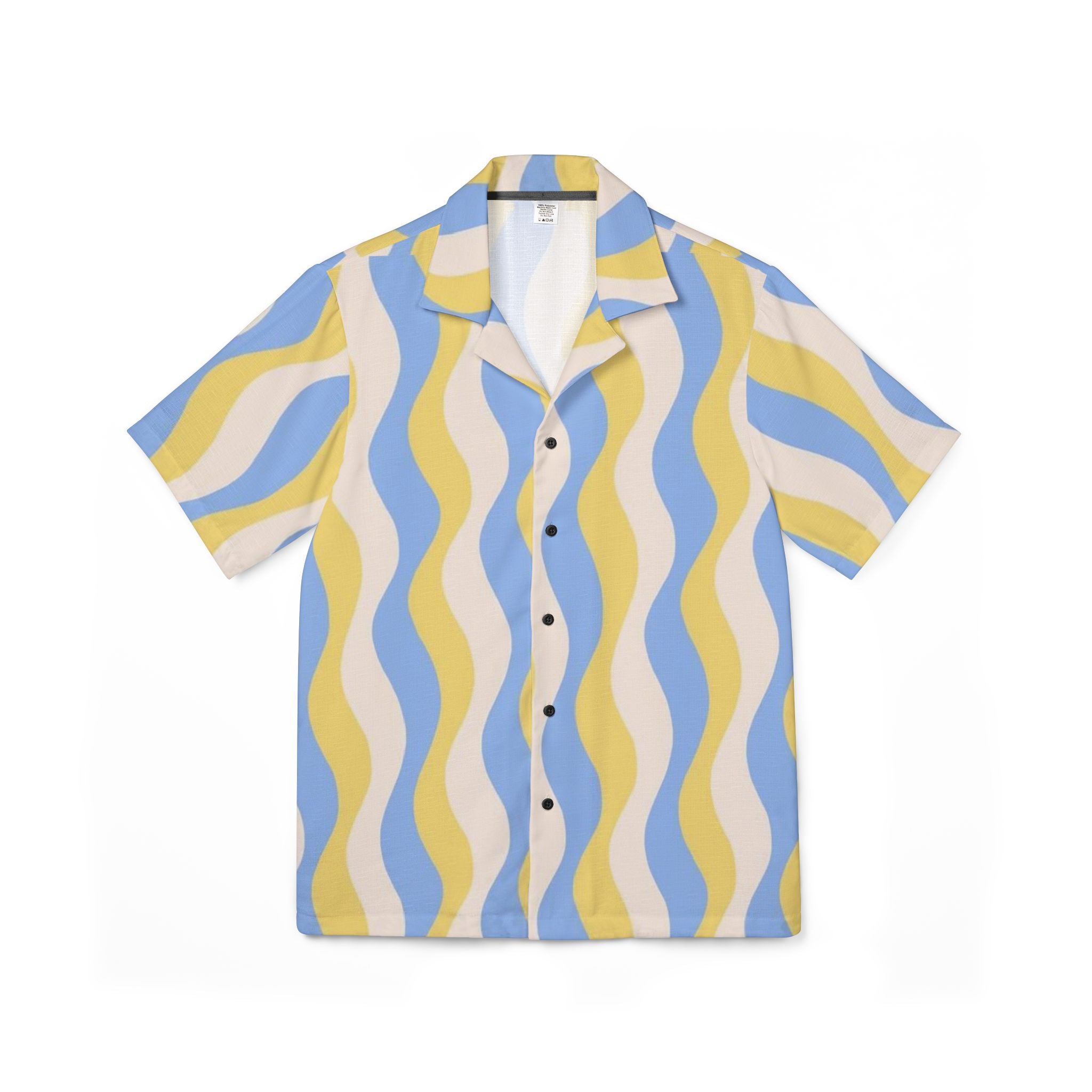 Short-sleeve shirt with blue and yellow wavy pattern on a white background