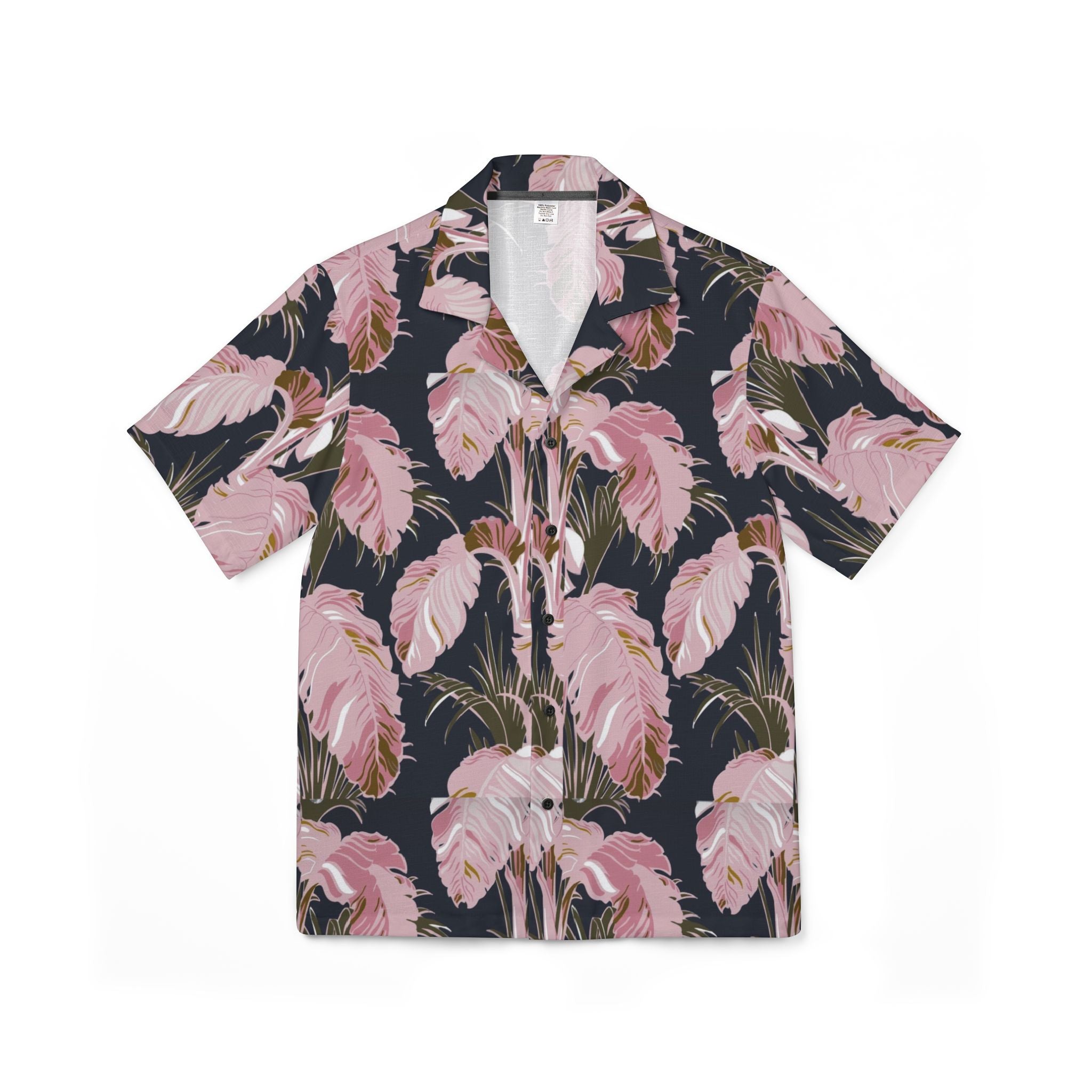 Short-sleeve shirt with pink floral pattern on a white background