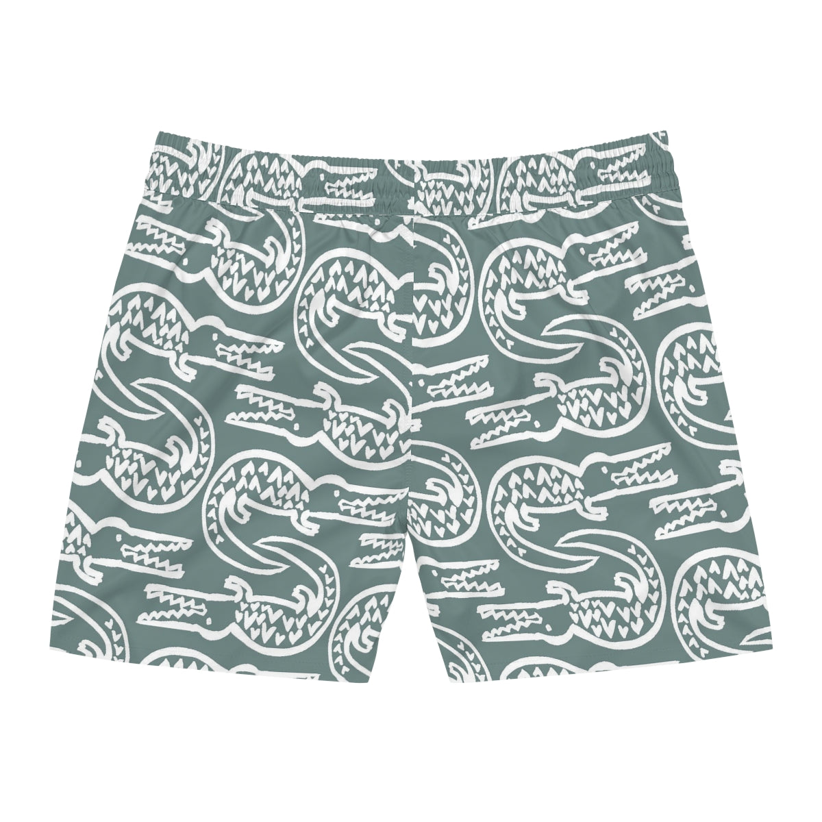 Teal shorts with white crocodile pattern on a white background