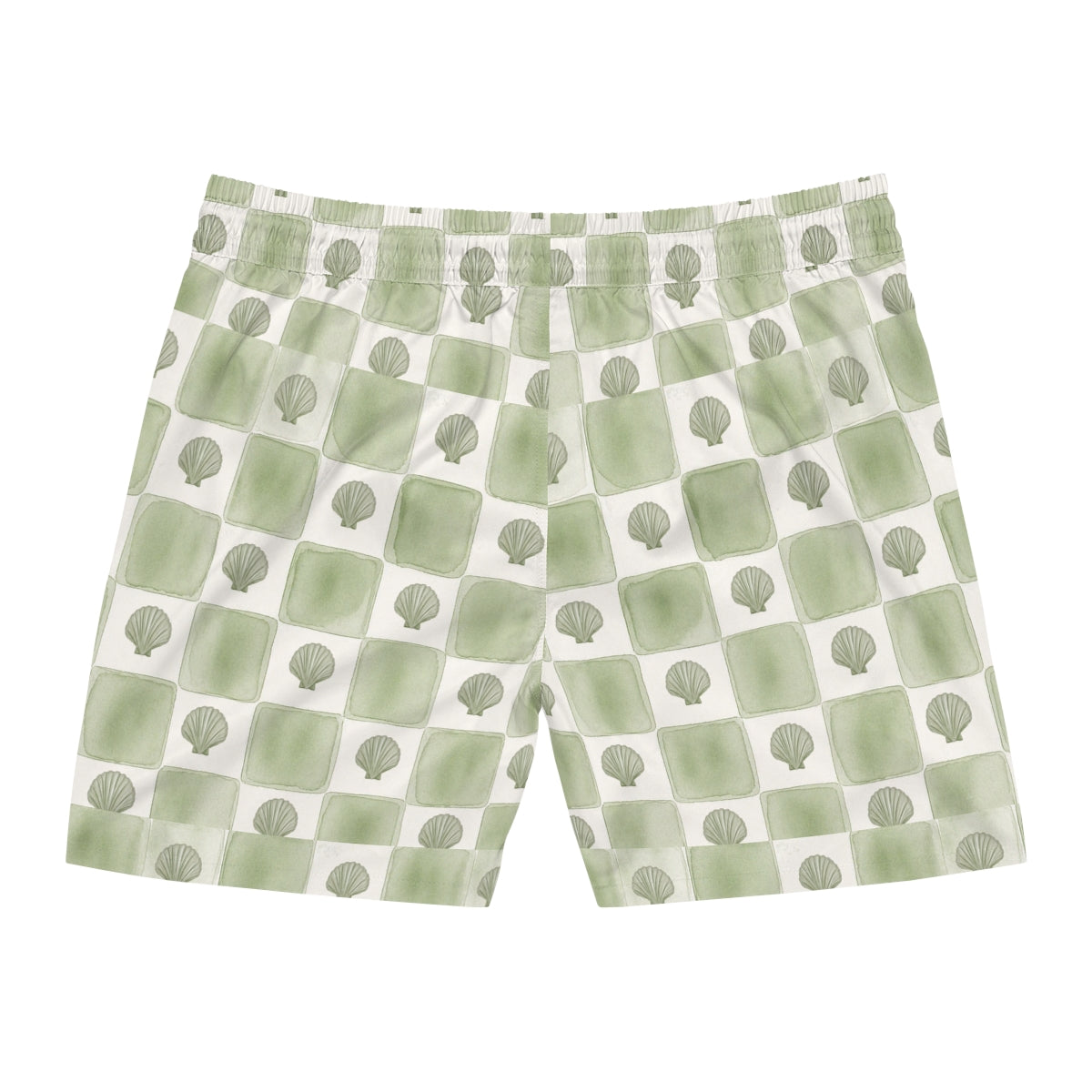 Green and white checkered shorts with tree pattern on a white background