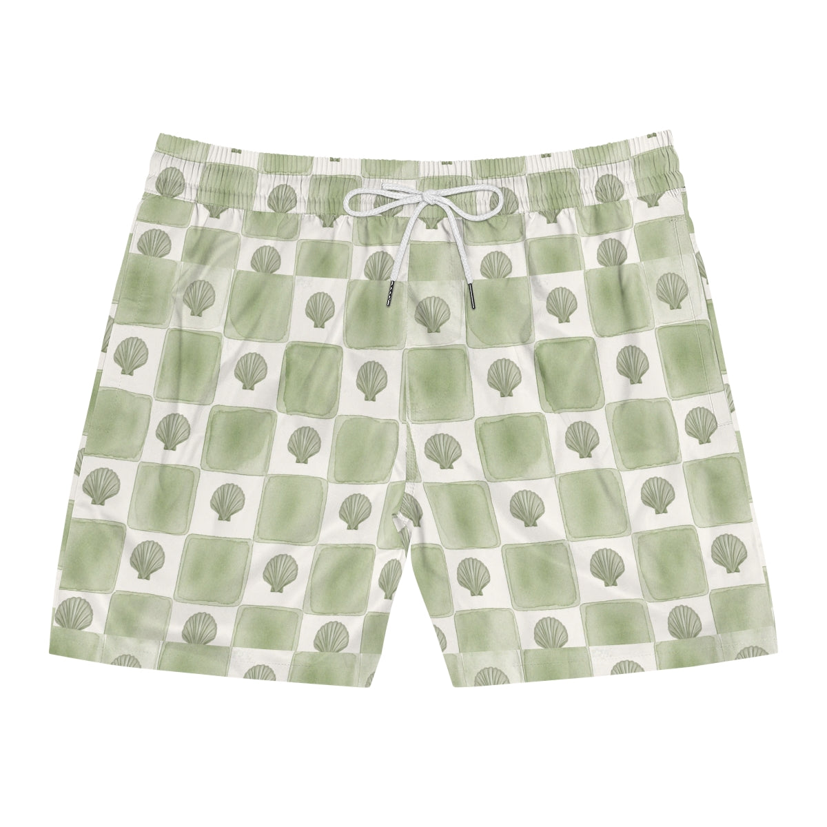 Green and white checkered shorts with tree pattern on a white background
