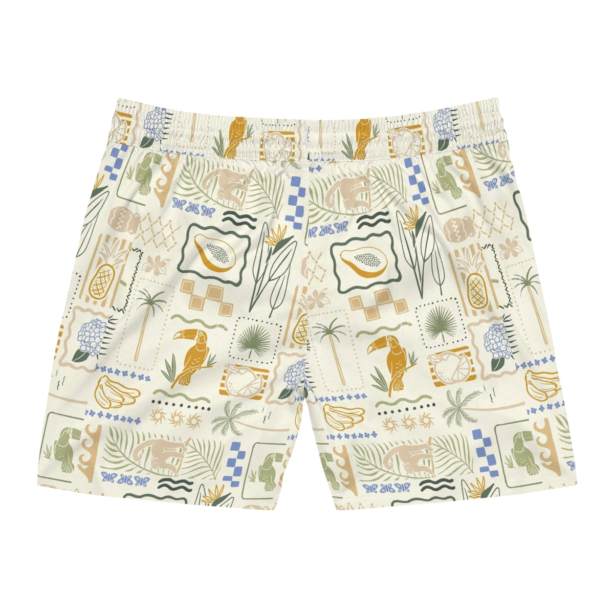 Tropical patterned shorts on a white background