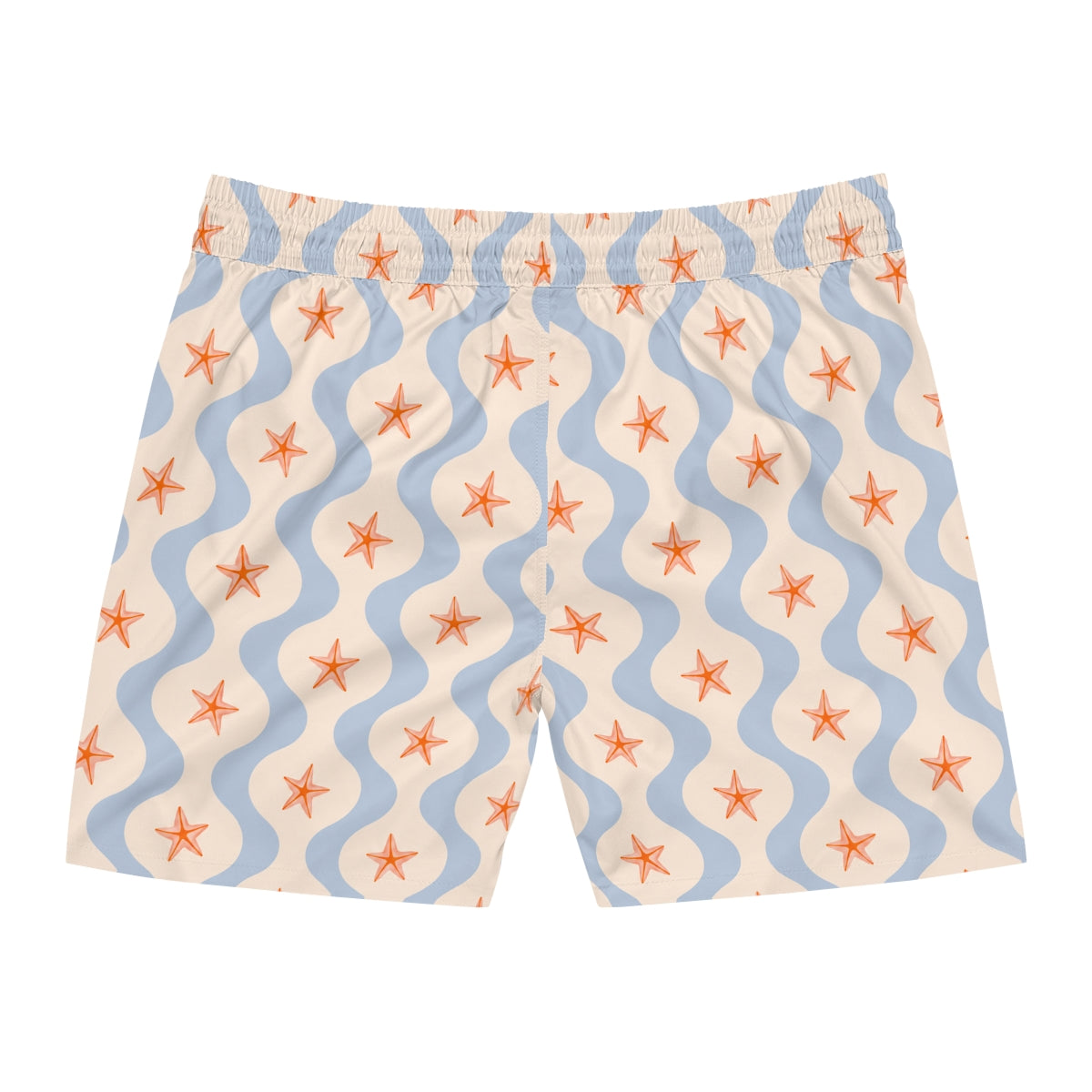 Swim shorts with starfish and wavy line pattern on a white background