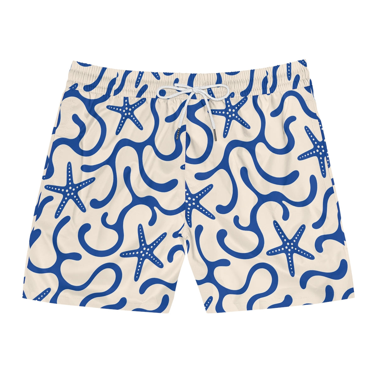 Beige shorts with blue starfish and wave pattern on a white background