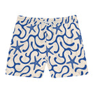 Beige shorts with blue starfish and wave pattern on a white background